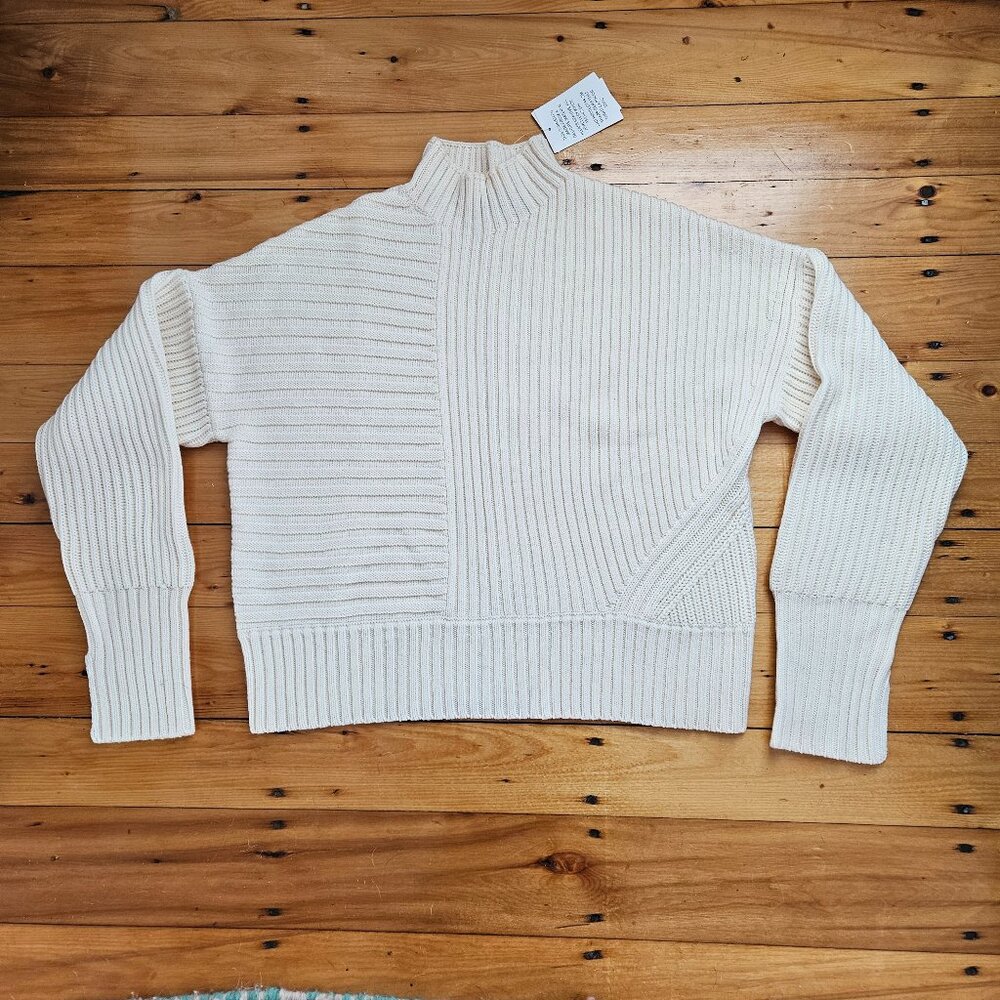 ME+EM Cream Merino Mixed Stitch Funnel Neck Sweater Size L NWT